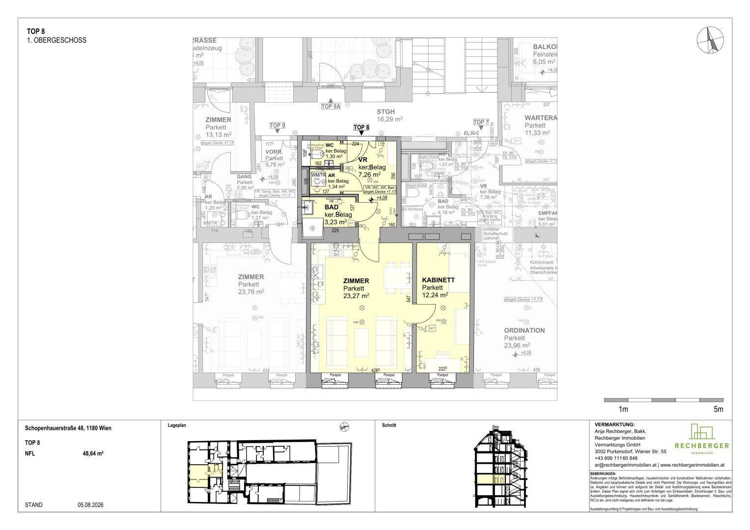 Grundriss der Wohnung TOP 8 im ersten Obergeschoss mit Balkon, Bad und separatem WC.