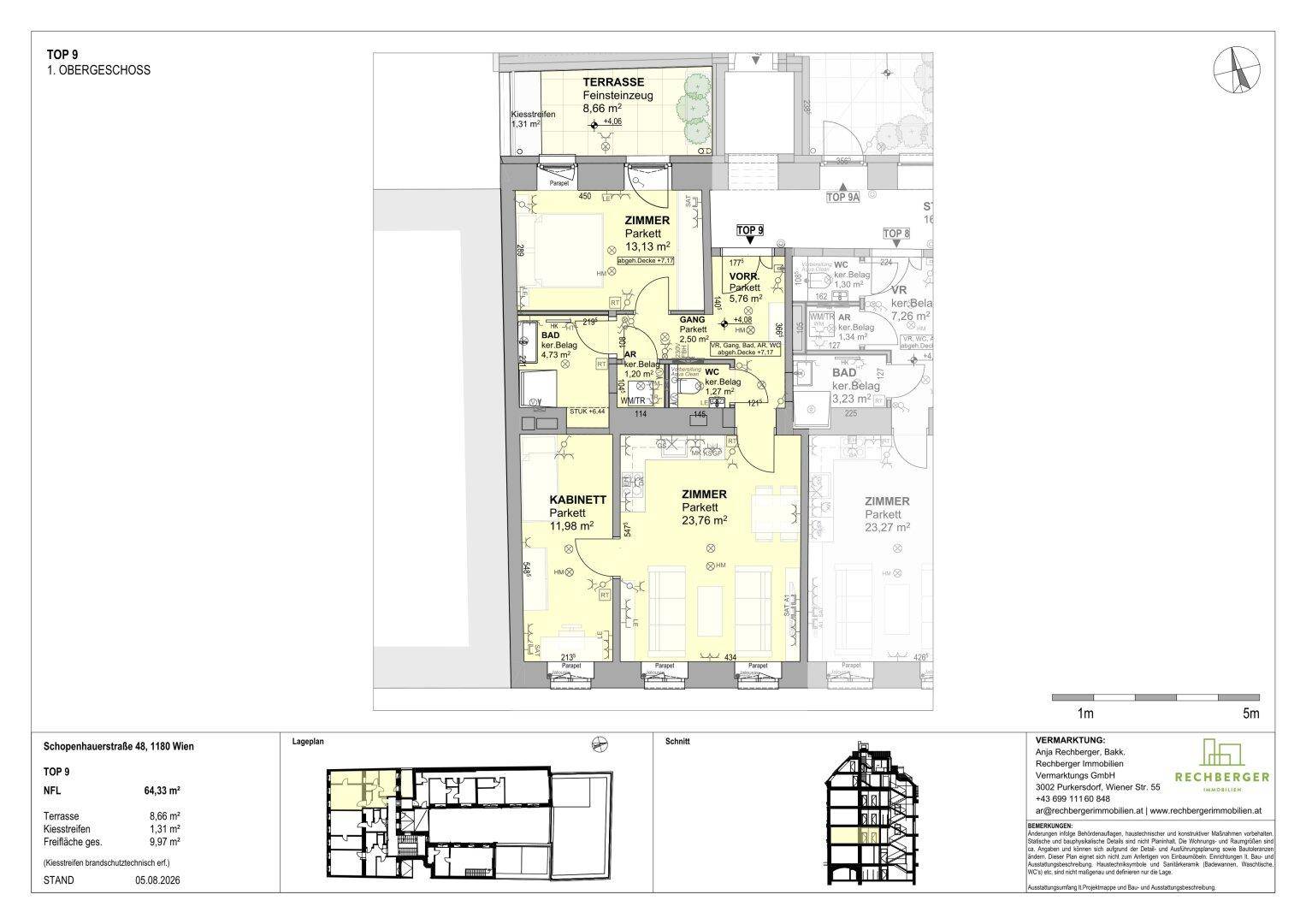 Grundriss einer Wohnung im Obergeschoss mit mehreren Zimmern, zwei Bädern, einem Gäste-WC und einer Terrasse.