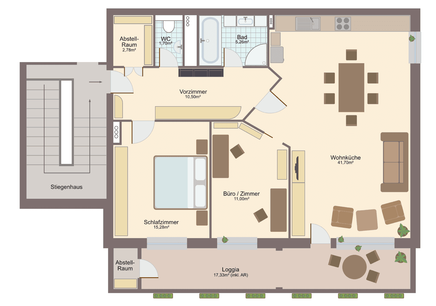 Grundrissplan einer Wohnung mit offener Wohnküche, Schlafzimmer, Büro und Loggia.