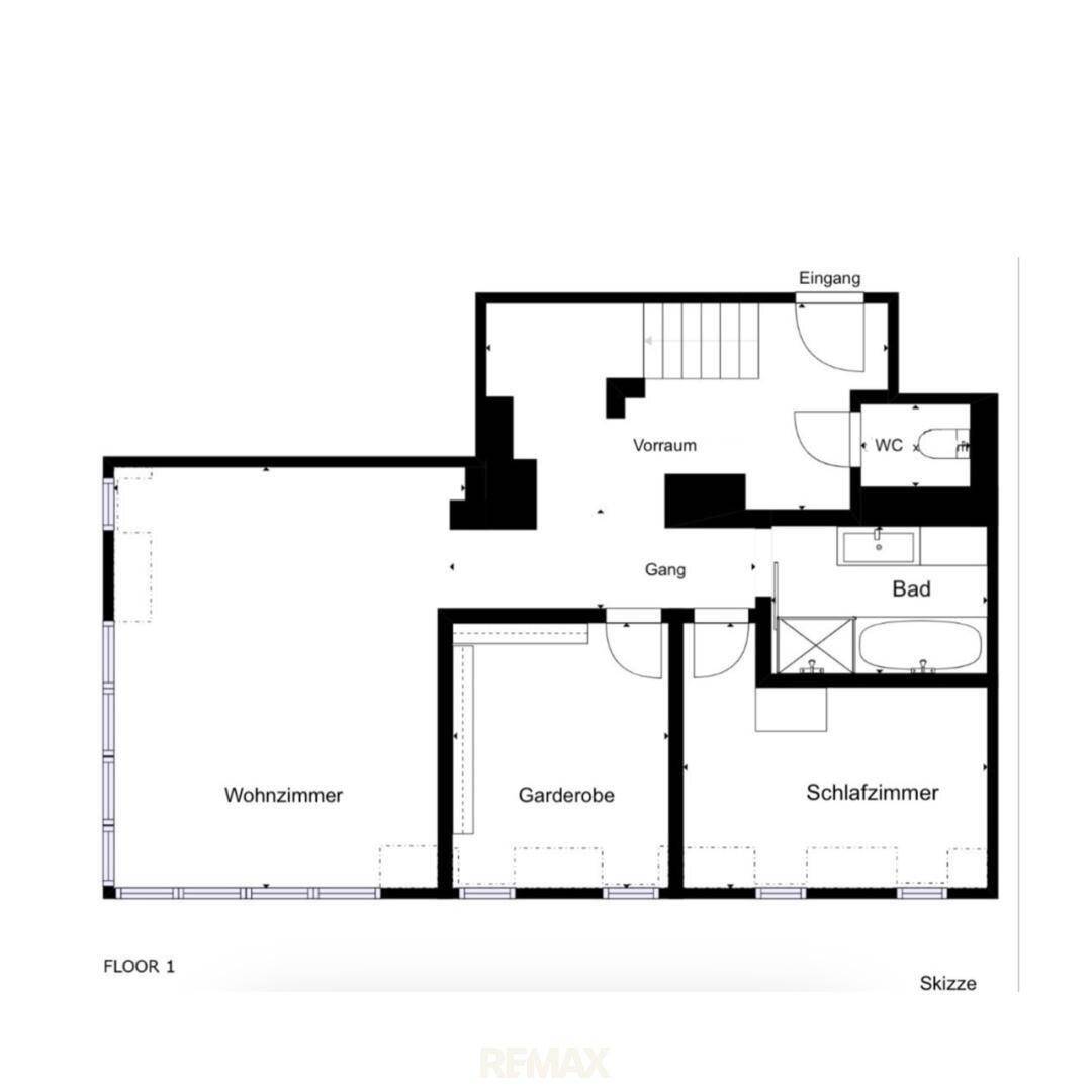 Grundriss von Floor 1 mit Wohnzimmer, Schlafzimmer, Bad und separatem WC.