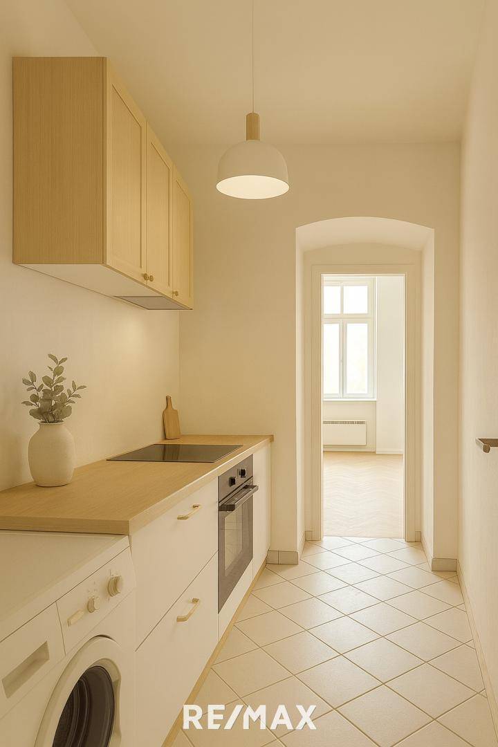 Rendering Ku¨chenzeile mit Blick zum Wohnzimmer