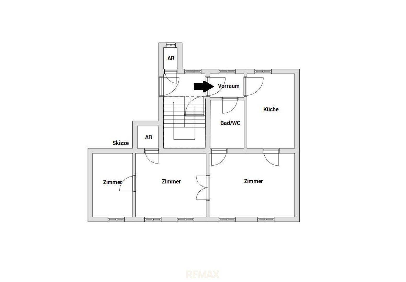 Grundrissplan zeigt die Aufteilung der Zimmer, Küche, Bad/WC und Abstellräume.