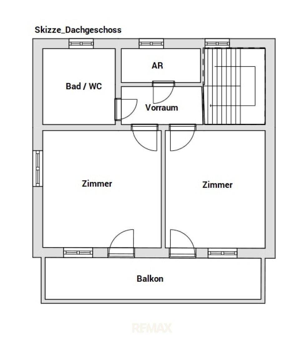 Grundriss des Dachgeschosses mit zwei Zimmern, Bad/WC und einem Balkon.
