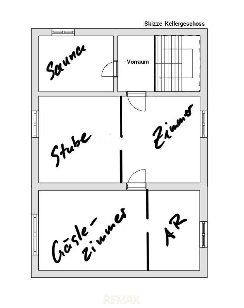 Grundriss des Kellergeschosses mit Sauna, Stube, Zimmer, Gästezimmer und Abstellraum.