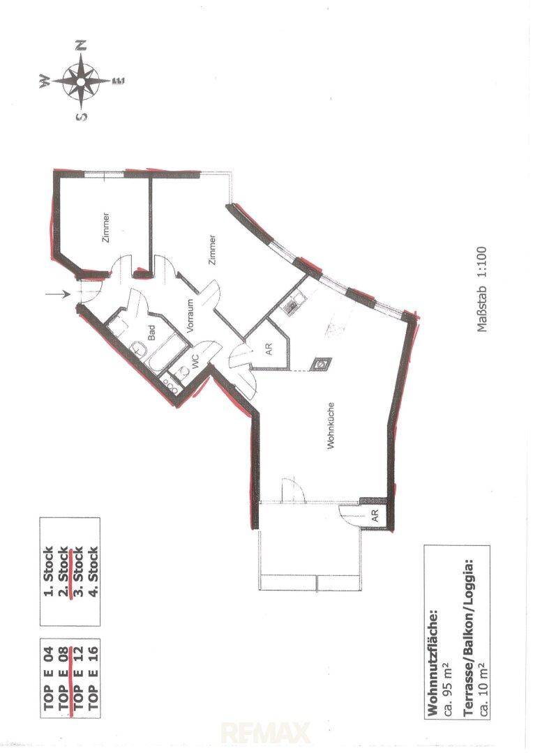 Grundriss der Wohnung mit Wohnnutzfläche von ca. 95 m² und Balkon.