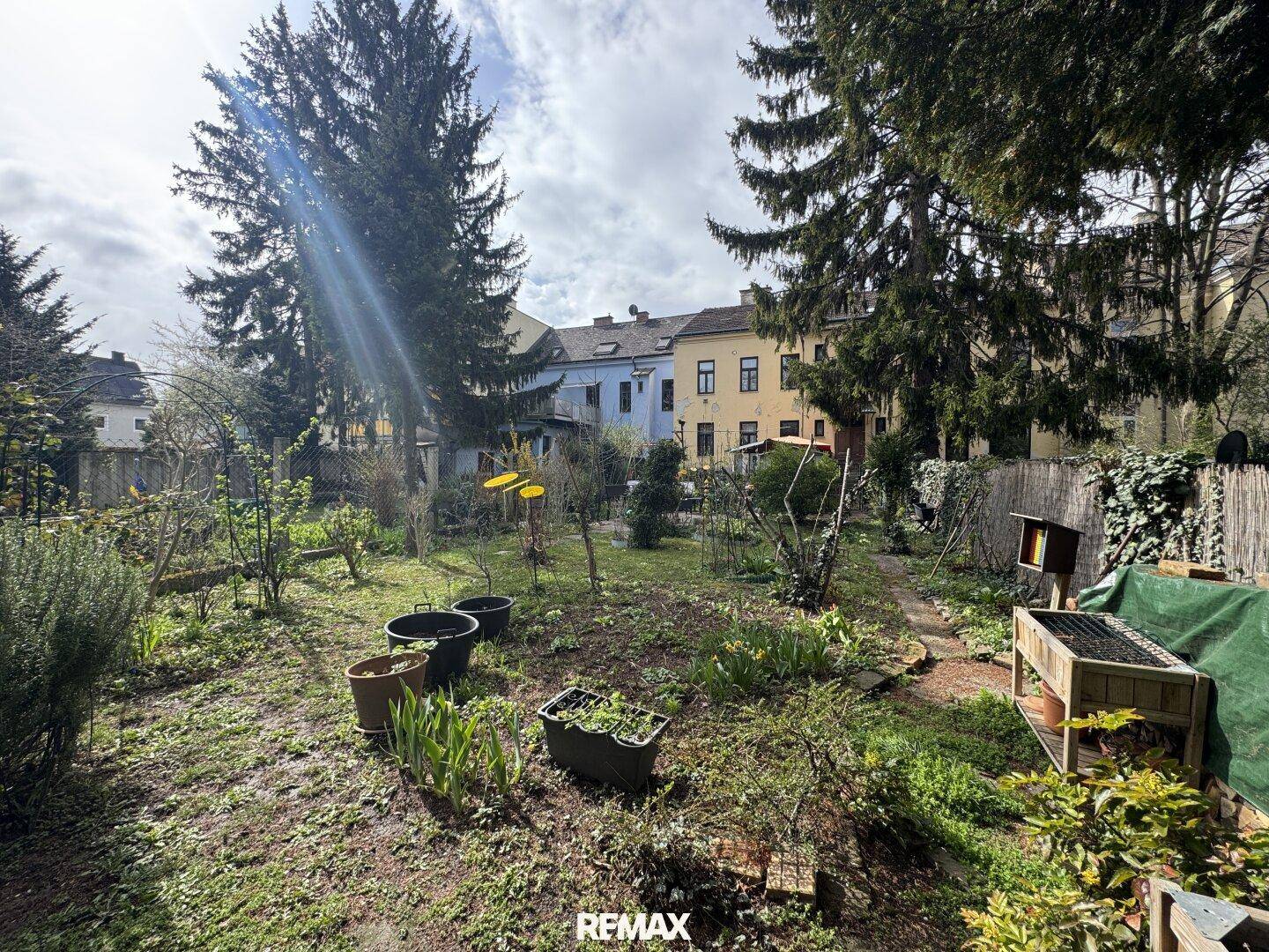 Weitläufiger Gartenbereich mit verschiedenen Pflanzen und Blick auf die umliegenden Gebäude.