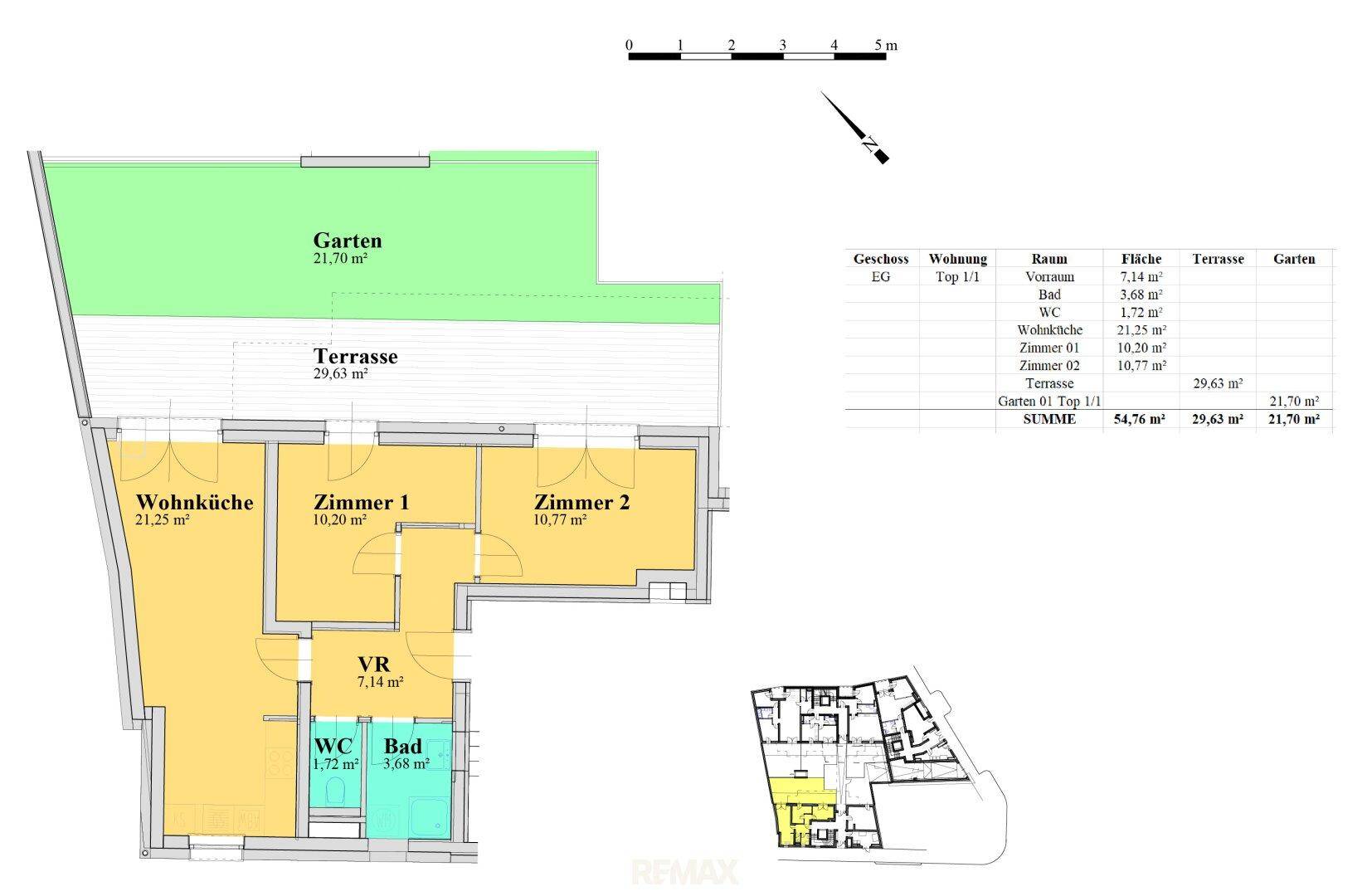 Detaillierter Grundriss der Wohnung mit Wohnküche, zwei Zimmern, Bad, WC, Terrasse und Garten.