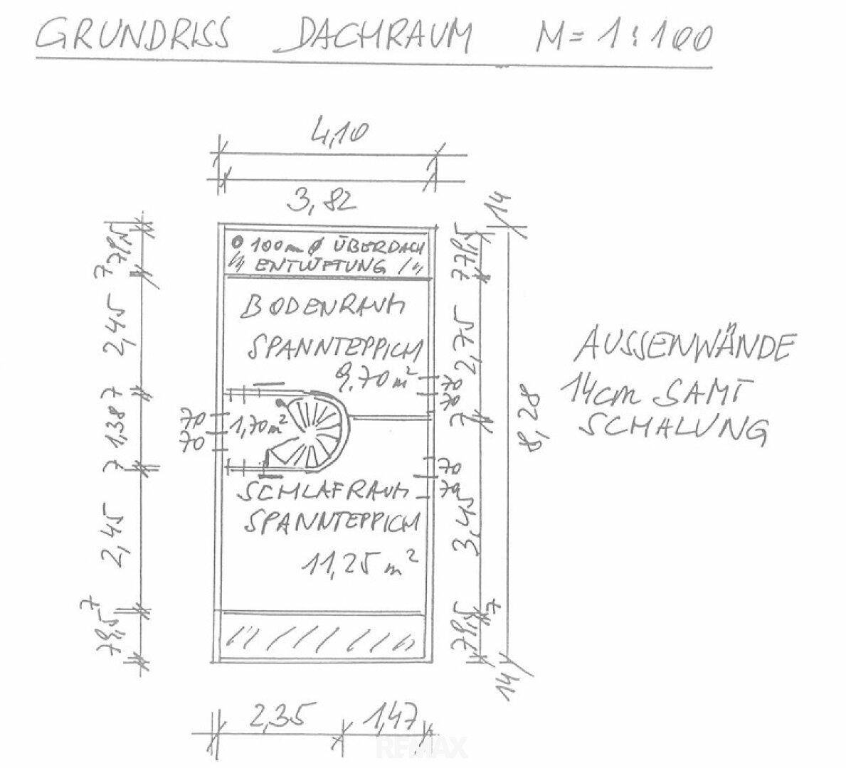 Handgezeichneter Grundriss des Dachgeschosses mit Schlafzimmer und Abstellraum.