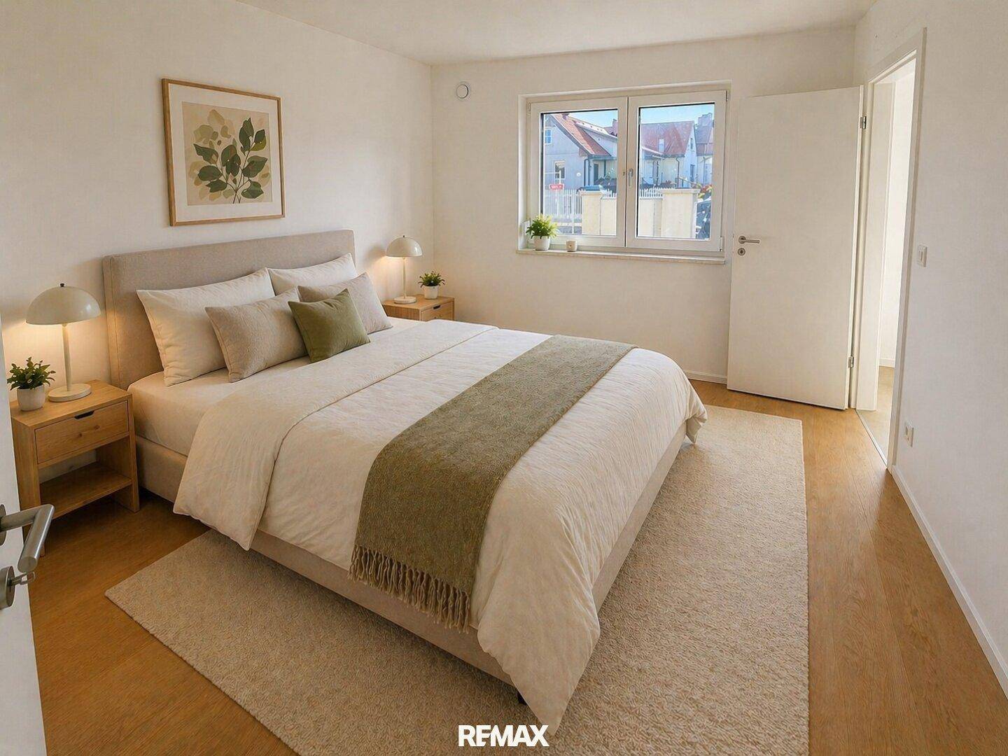 Gemütliches Schlafzimmer mit Doppelbett, Holzboden und einem Fenster mit Blick auf die Umgebung.