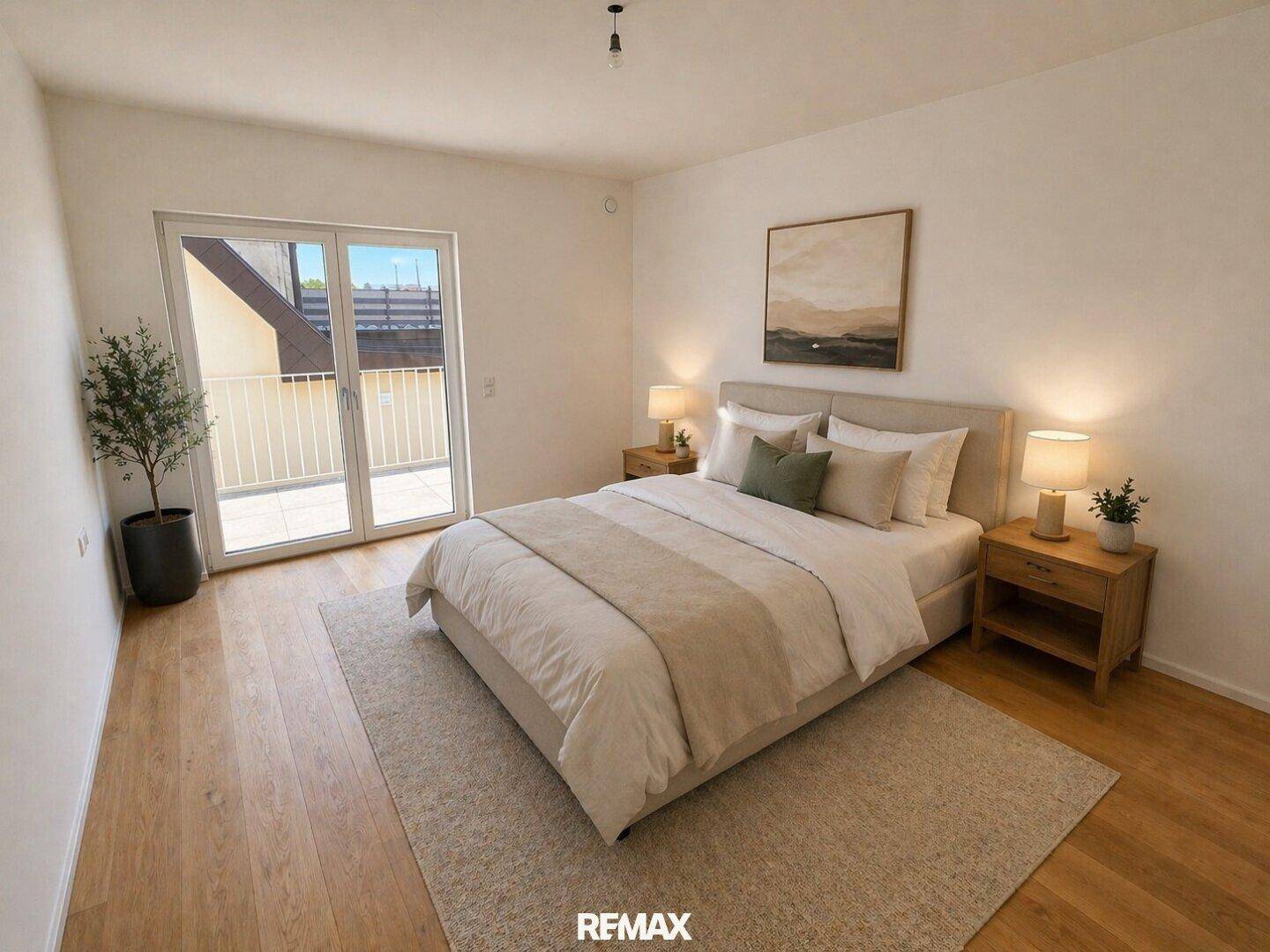 Helles Schlafzimmer mit Holzboden und direktem Zugang zu einem sonnigen Balkon.