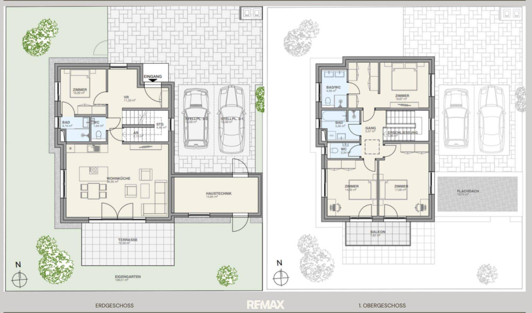 Grundriss für Erdgeschoss und Obergeschoss mit Terrasse, Balkon und Parkplätzen.