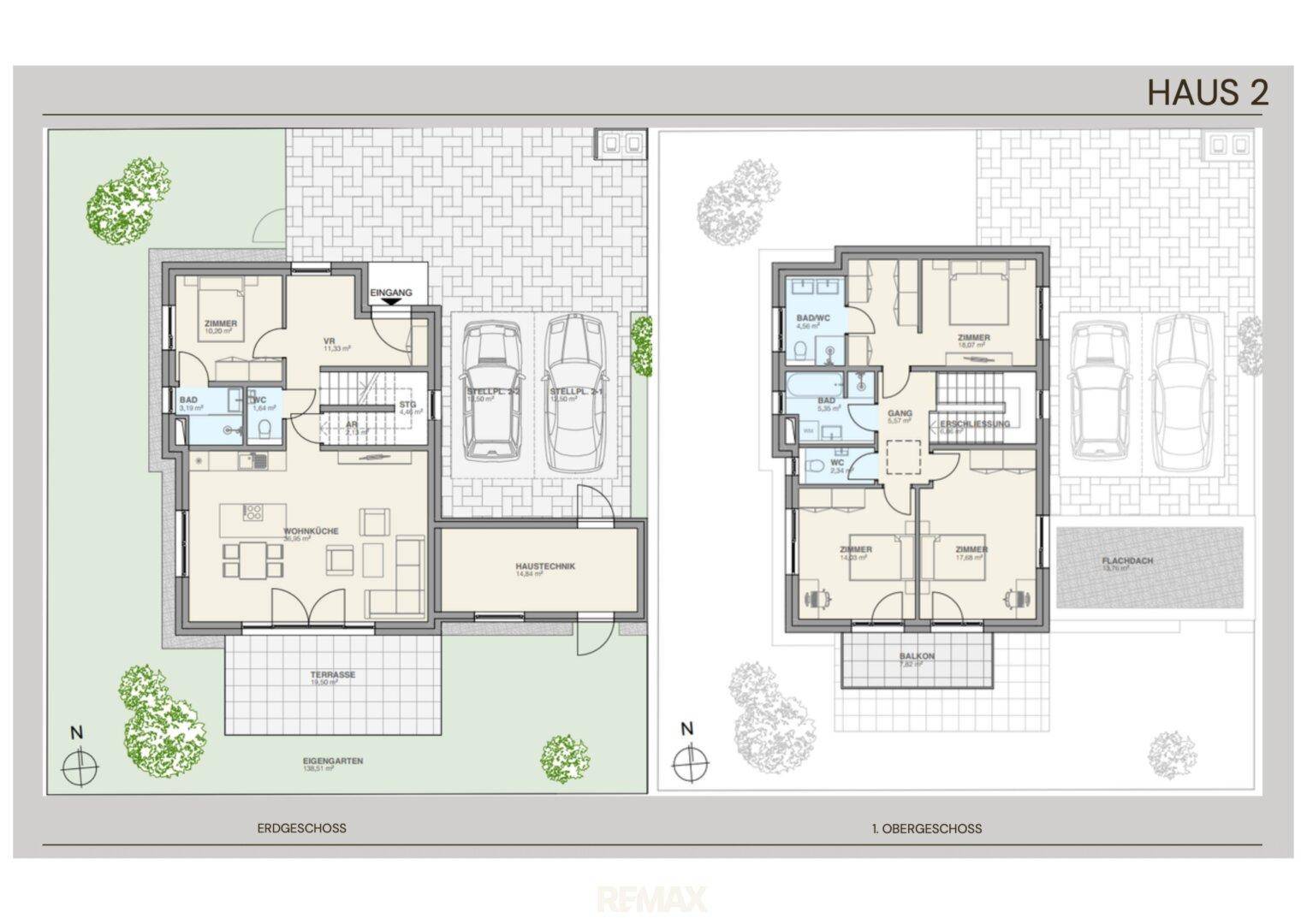 Grundriss für Haus 2 mit Erdgeschoss und Obergeschoss, inklusive Terrasse und Balkon.
