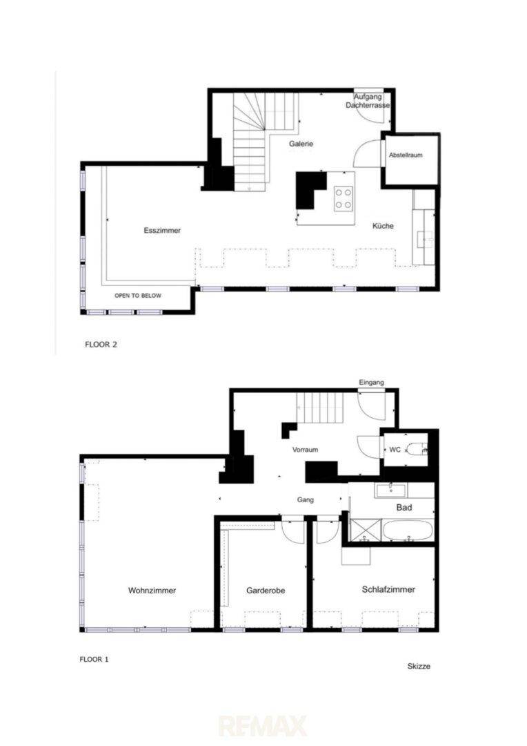 Zwei Grundrisse zeigen die Aufteilung von Floor 1 und Floor 2 mit Wohn- und Essbereichen.