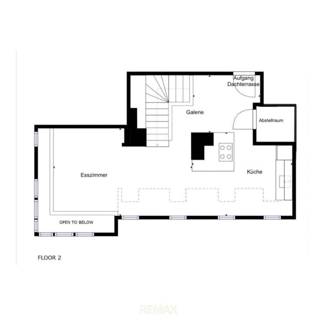 Grundriss von Floor 2 mit Esszimmer, Küche und Zugang zur Dachterrasse.