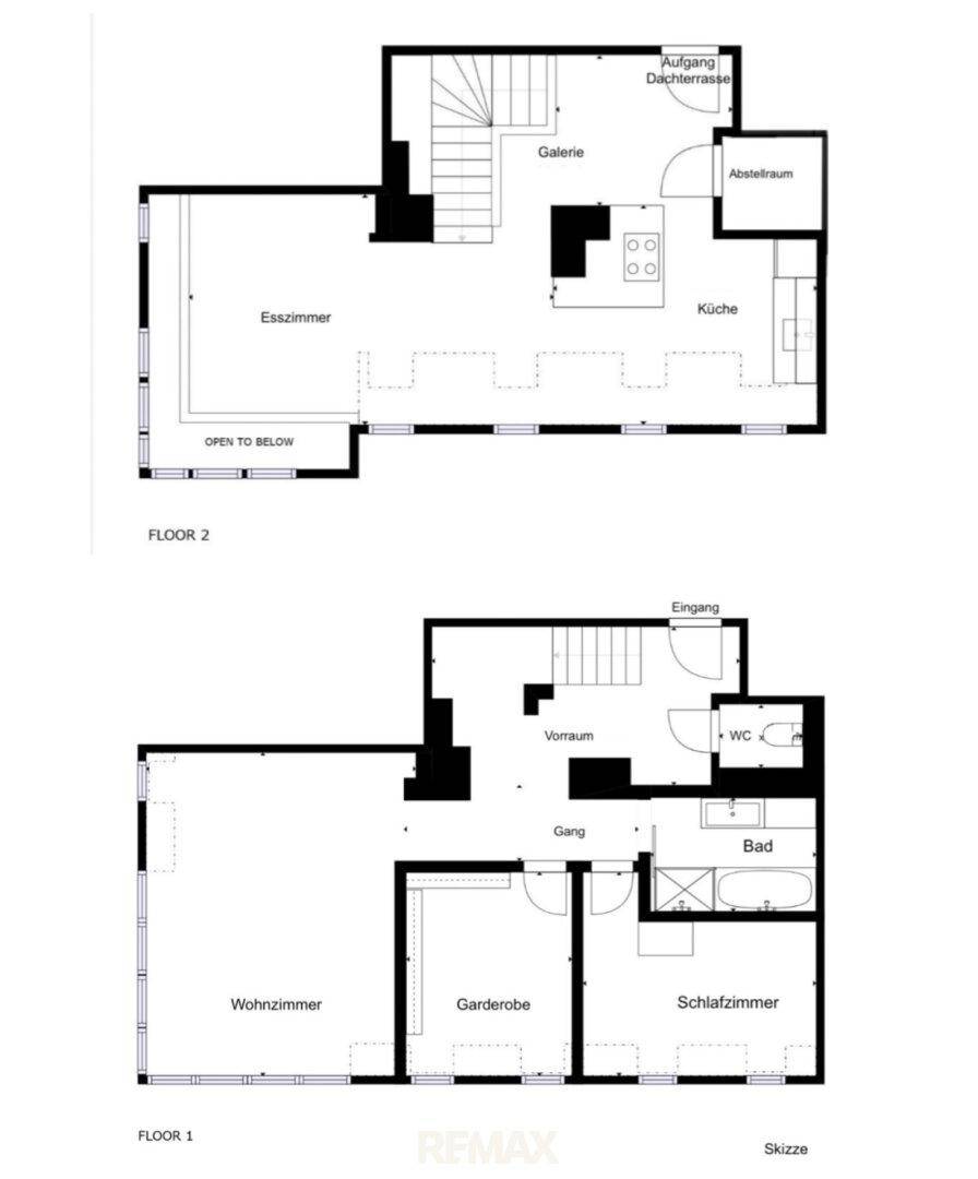 Zwei Grundrisse zeigen die Aufteilung von Floor 1 und Floor 2 mit Wohn- und Essbereichen.