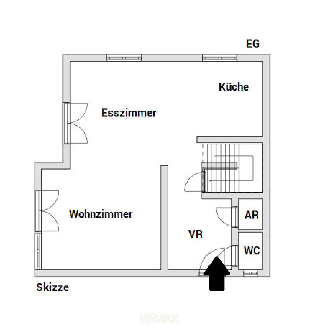 Grundriss des Erdgeschosses mit Wohnzimmer, Esszimmer und Küche.
