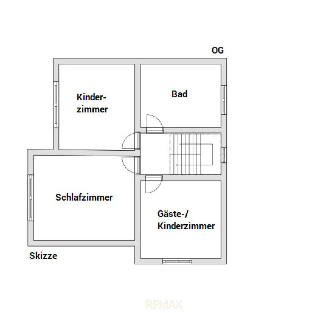 Grundriss des Obergeschosses mit Kinderzimmer, Schlafzimmer, Gäste-/Kinderzimmer und Badezimmer.
