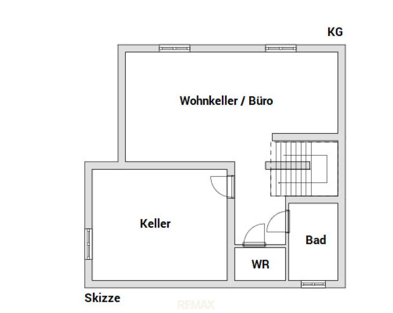 Grundriss des Kellergeschosses mit Wohnkeller/Büro, Keller, Badezimmer und Waschraum.