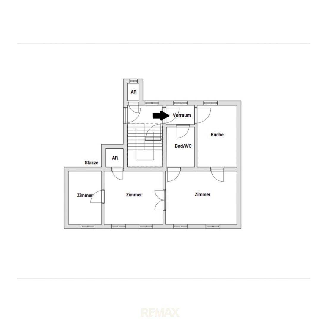 Grundrissplan einer Etage mit Küche, Bad/WC, Vorraum, Abstellräumen und mehreren Zimmern.