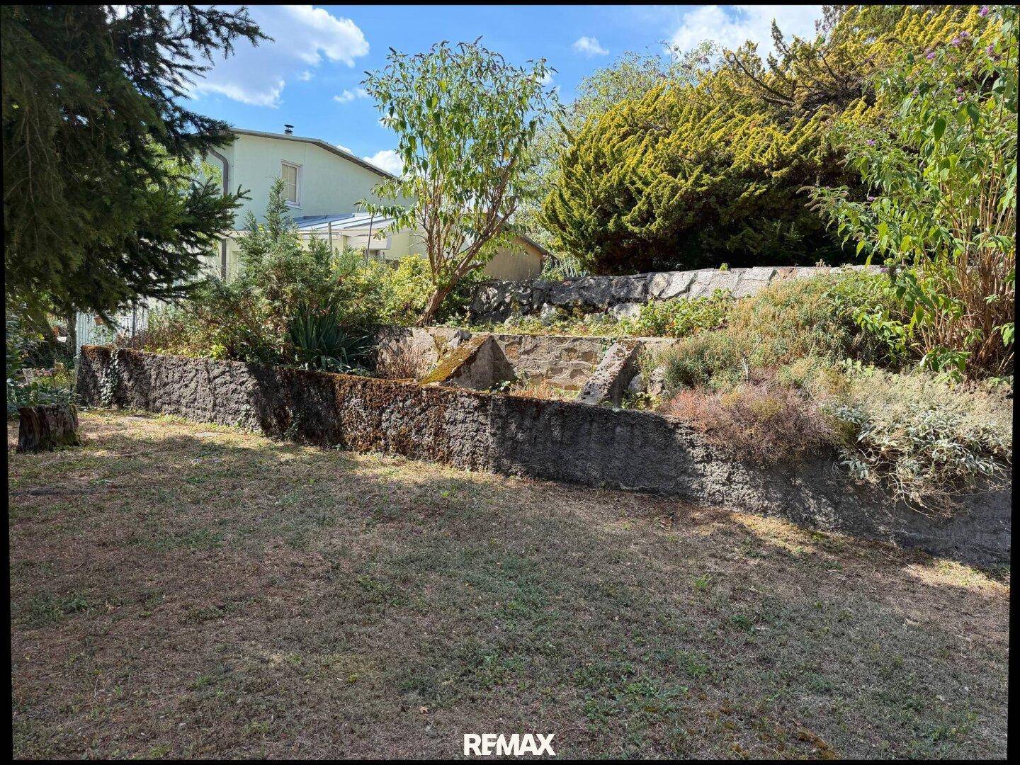 Terrassierter Gartenbereich mit Rasenfläche, Steinmauern und üppiger Vegetation im Hintergrund.