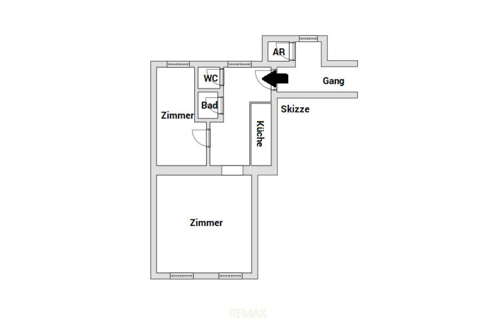 Grundriss der Wohnung mit Zimmern, Küche, Bad und separatem WC.