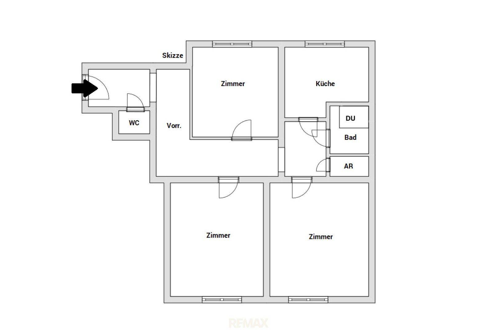 Grundriss der Wohnung mit vier Zimmern, Küche, Bad und separatem WC.