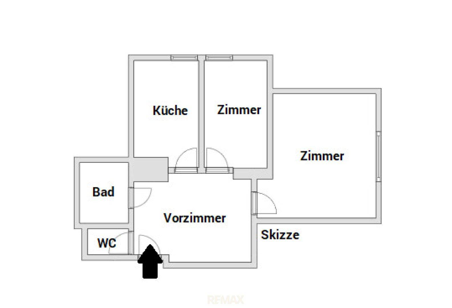 Grundriss der Wohnung mit Zimmern, Küche, Bad und WC.