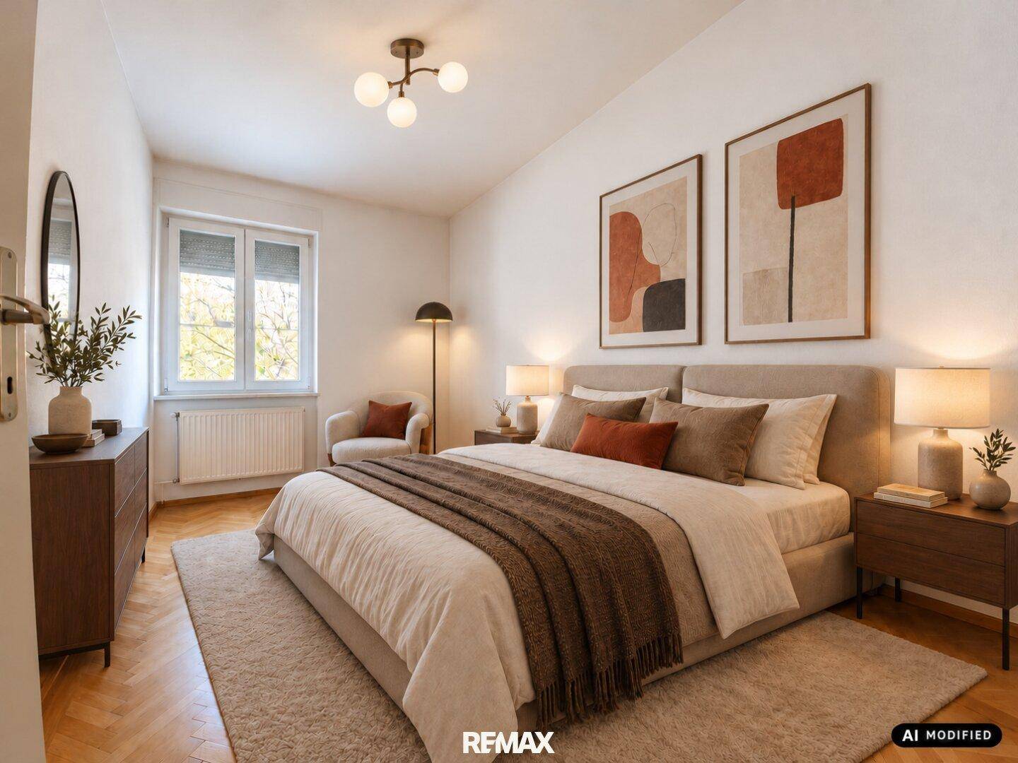 Virtuell inszeniertes Schlafzimmer mit Doppelbett, modernen Möbeln und Fischgrätparkett.