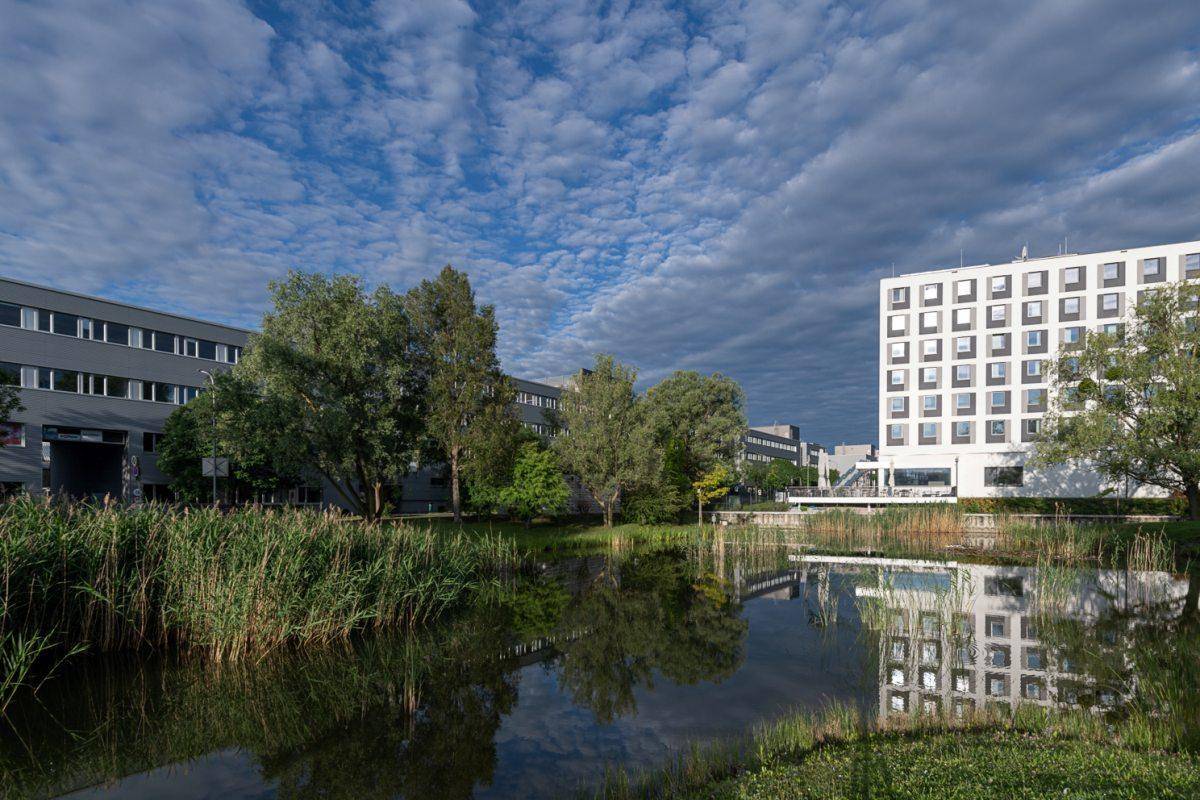 Mehrere moderne Gebäude umgeben von einem Teich mit Schilf und grüner Landschaft unter bewölktem Himmel.