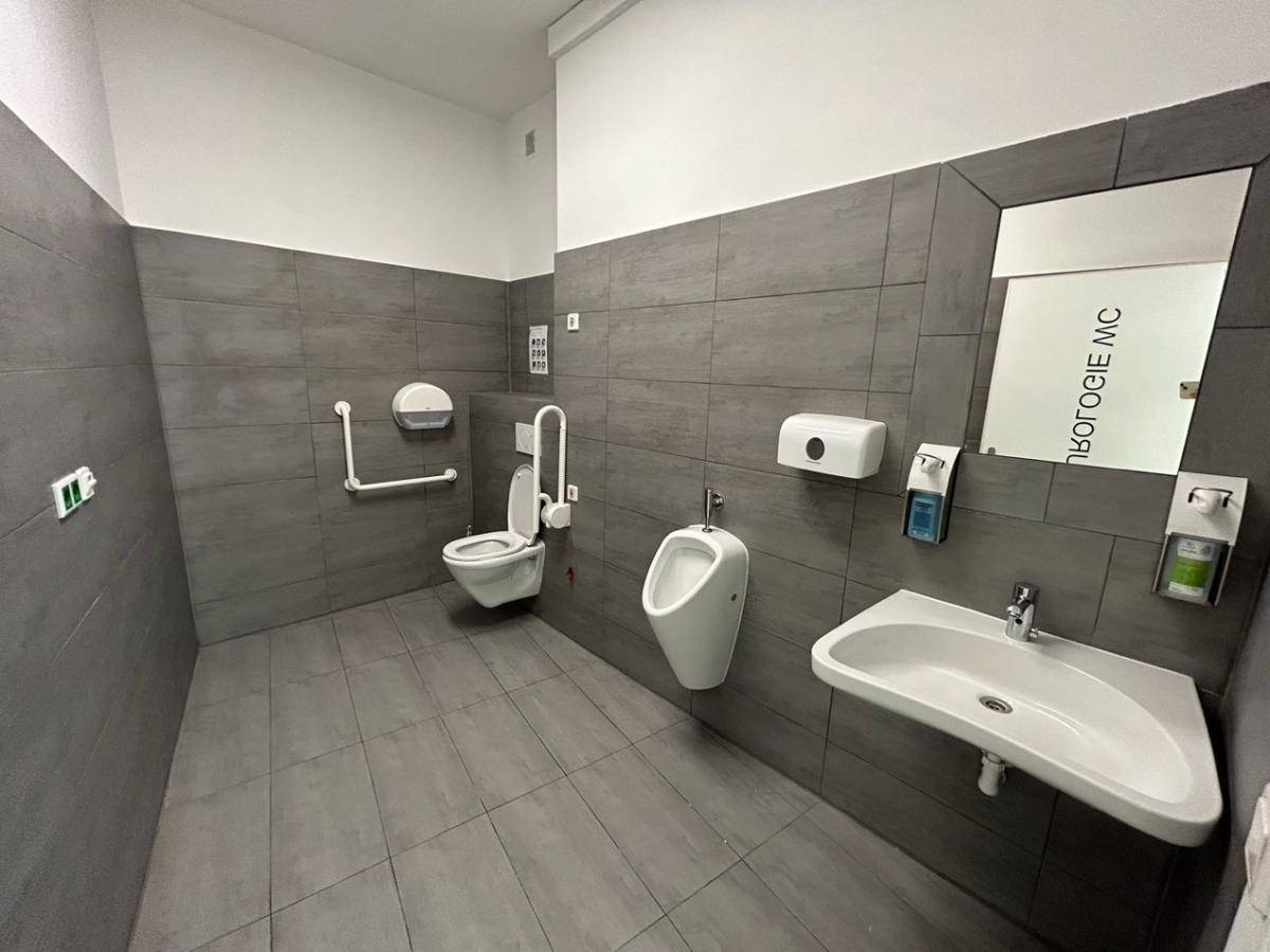 Modernes Badezimmer mit grauen Fliesen, barrierefreier Toilette, Urinal und Waschbecken.