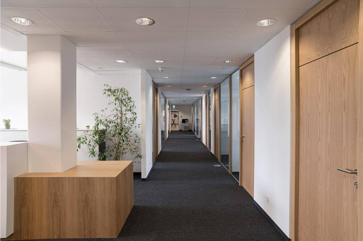 Langer Bürogang mit Holztüren, Teppichboden und Deckenbeleuchtung, der zu verschiedenen Büros führt.