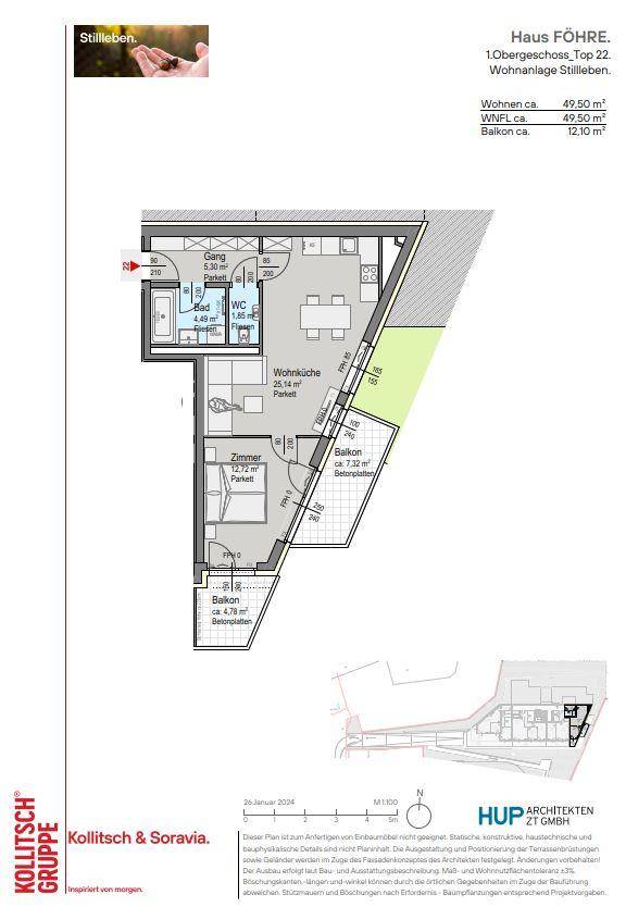 Grundriss der Wohnung Top 22 im ersten Obergeschoss mit offenem Wohnbereich und zwei Balkonen.