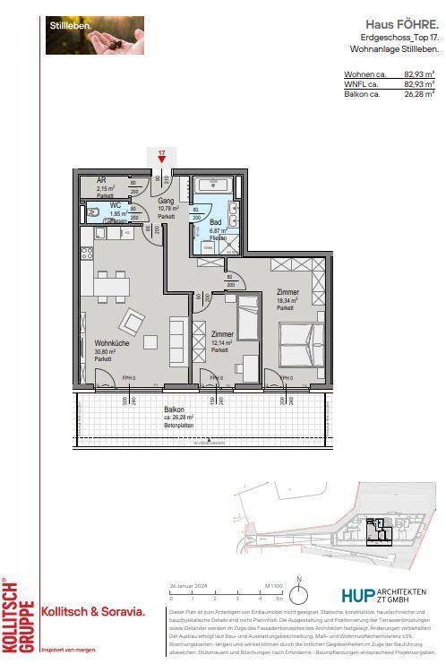 Grundriss der Wohnung Top 17 mit offener Wohnküche, zwei Zimmern, Bad und großem Balkon.