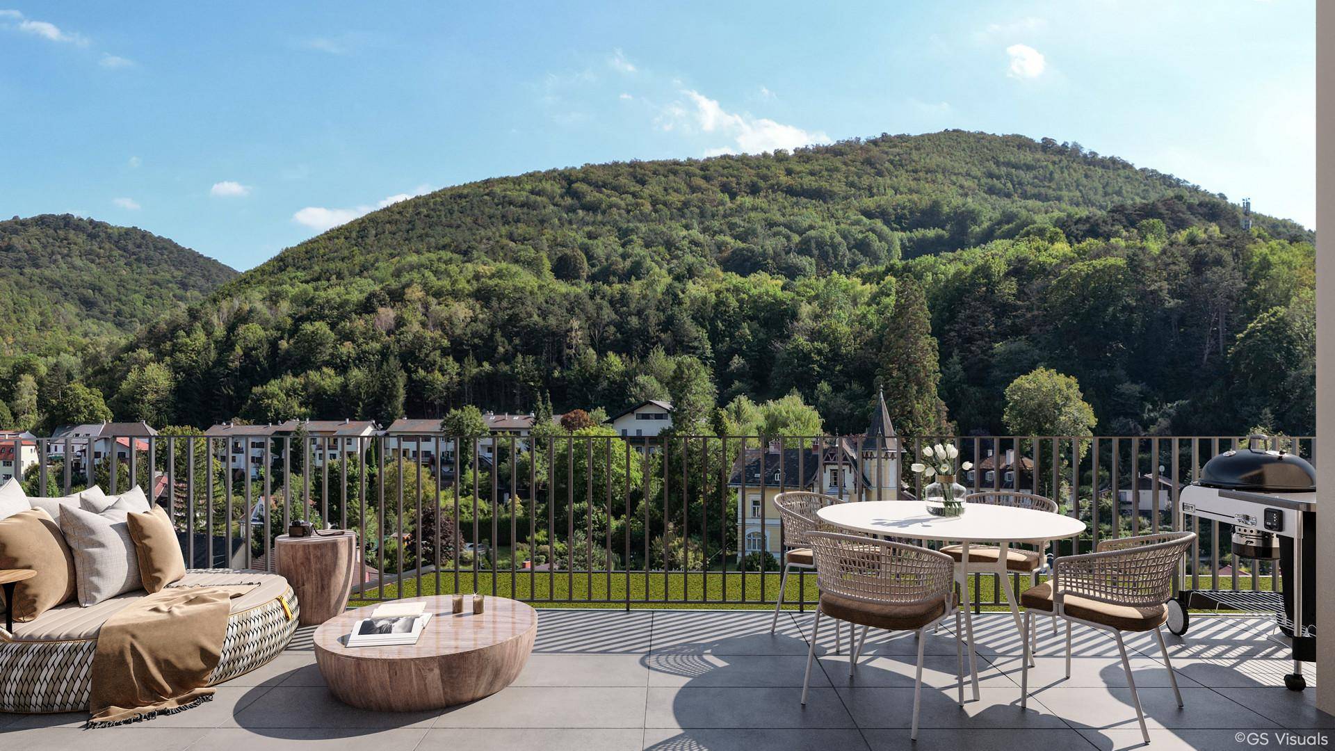 Große möblierte Terrasse mit Essbereich, Lounge und weitem Blick auf bewaldete Hügel.