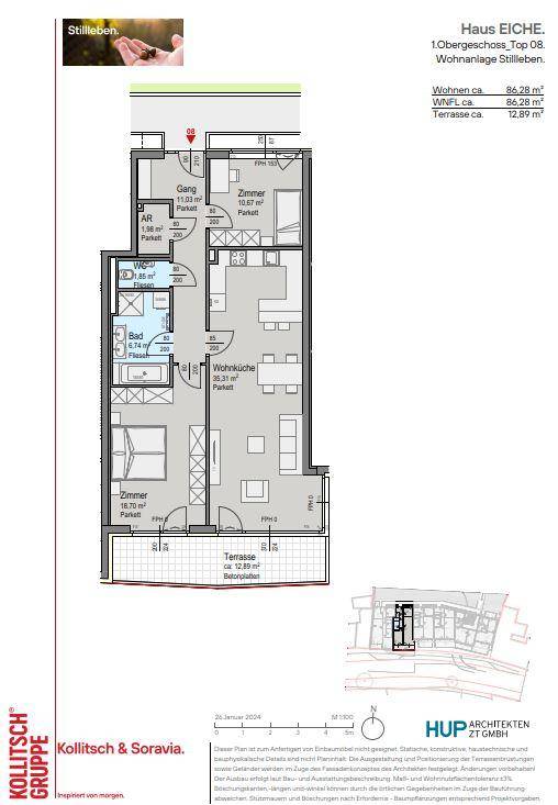 Grundriss der Wohnung Top C8 im Obergeschoss mit Wohnküche, Zimmern und Terrasse.