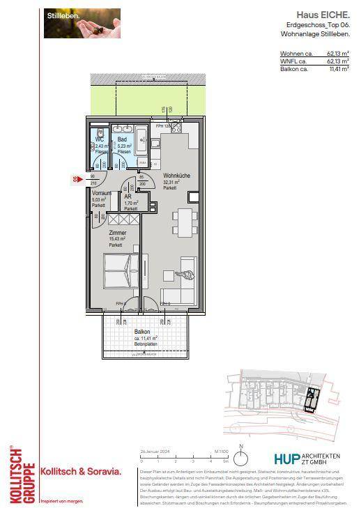 Grundriss der Erdgeschosswohnung Top 06 mit Wohnküche, Schlafzimmer und Balkon.