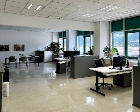 Helles Großraumbüro mit mehreren Arbeitsplätzen, Pflanzen und weitem Blick auf die umliegende Berglandschaft.