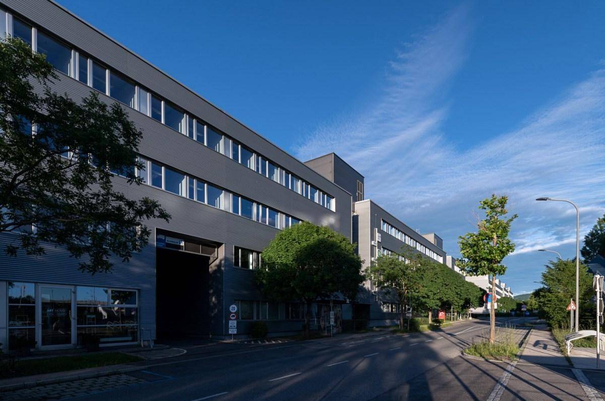 Moderne Bürogebäude-Fassade mit langen Fensterreihen entlang einer Straße mit Bäumen und klarem blauen Himmel.