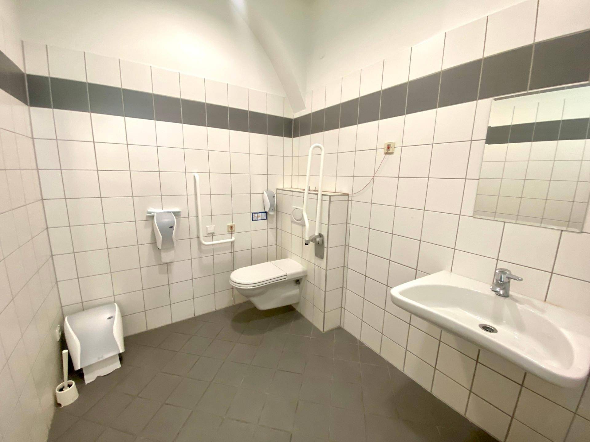 Barrierefreies Badezimmer mit Haltegriffen, wandhängender Toilette und Fliesenboden.