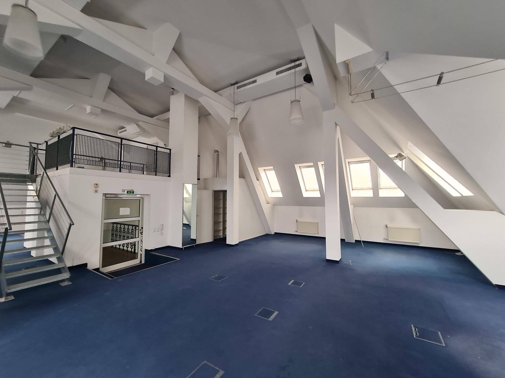 Großzügiger Loftraum im Dachgeschoss mit blauer Teppichboden, sichtbaren Balken und Dachfenstern.
