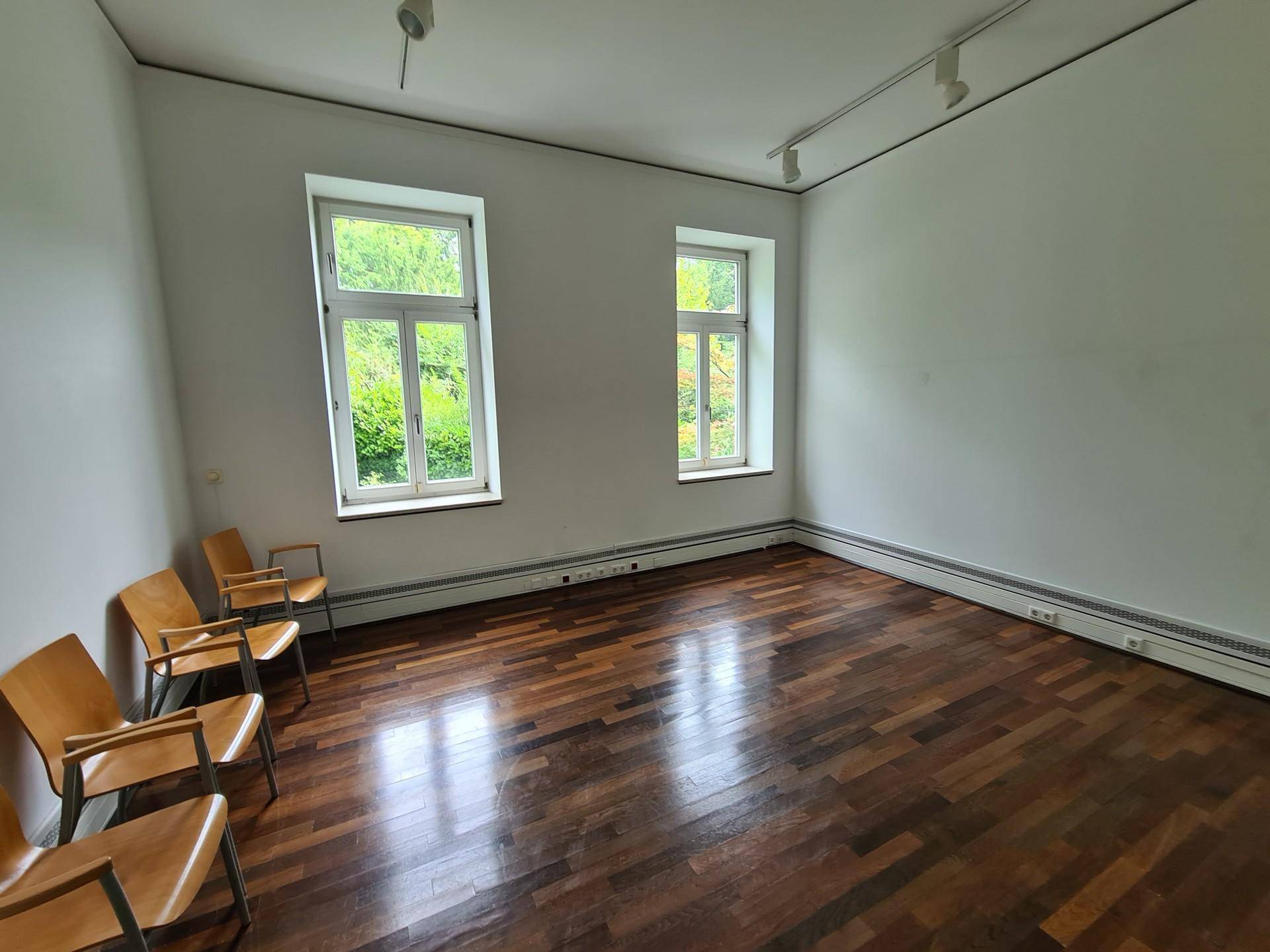 Heller Büroraum mit dunklem Parkettboden, großen Fenstern und Blick ins Grüne.