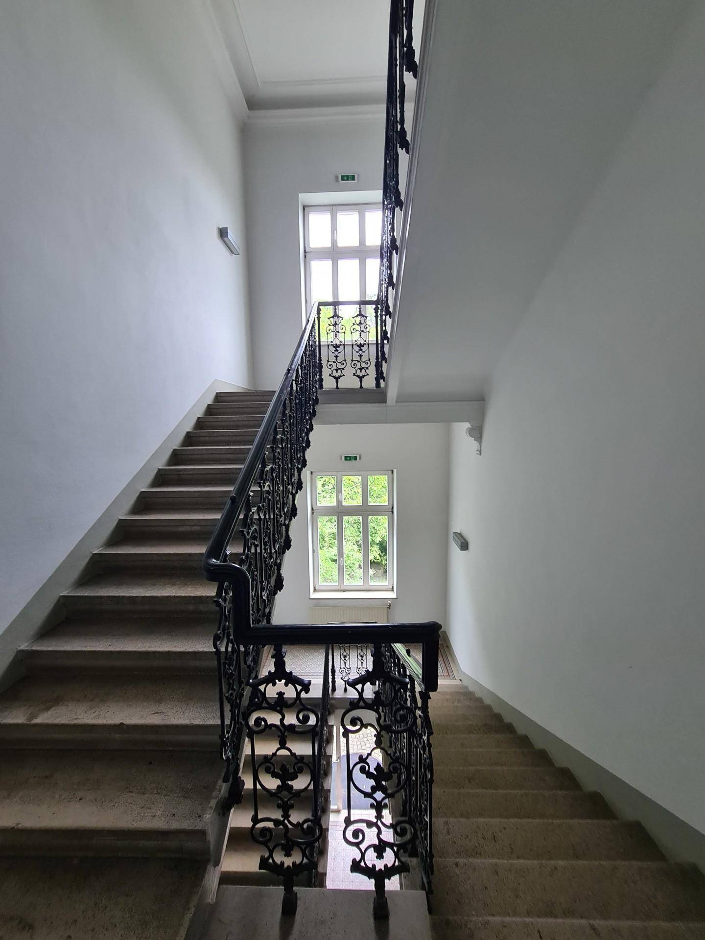 Helles Treppenhaus mit kunstvollem schmiedeeisernem Geländer und Fenstern mit Blick ins Grüne.
