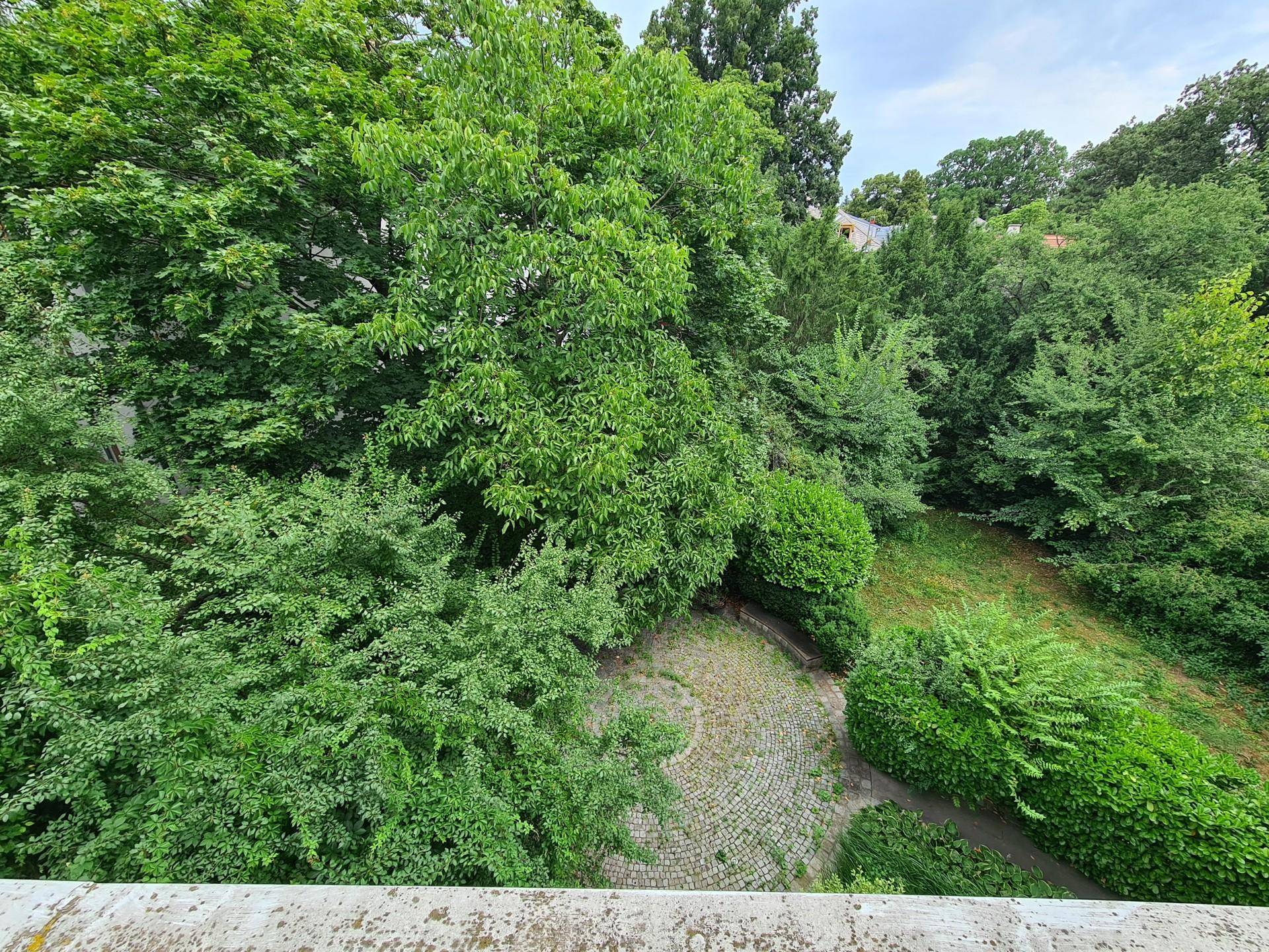 Blick von oben auf einen grünen Innenhof mit gepflastertem Bereich und üppiger Bepflanzung.