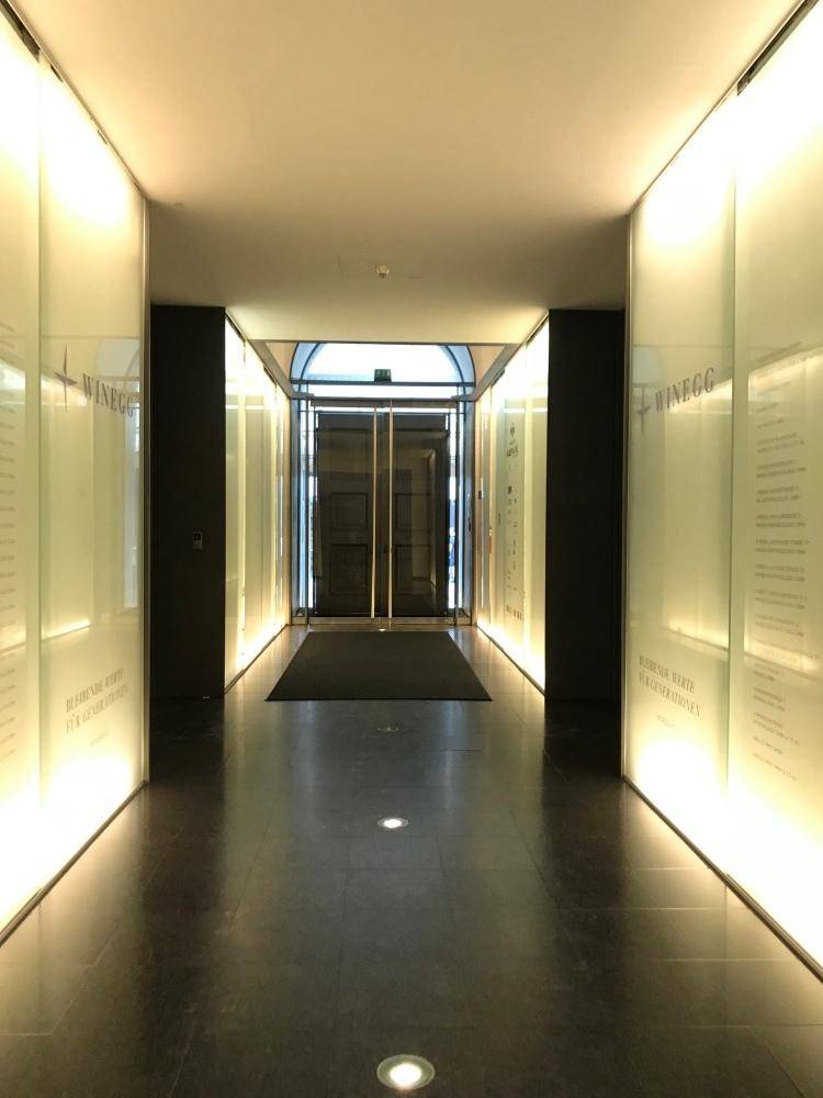 Heller, moderner Flur mit beleuchteten Glaswänden und dunklem Boden, der zu einem Eingangsbereich führt.