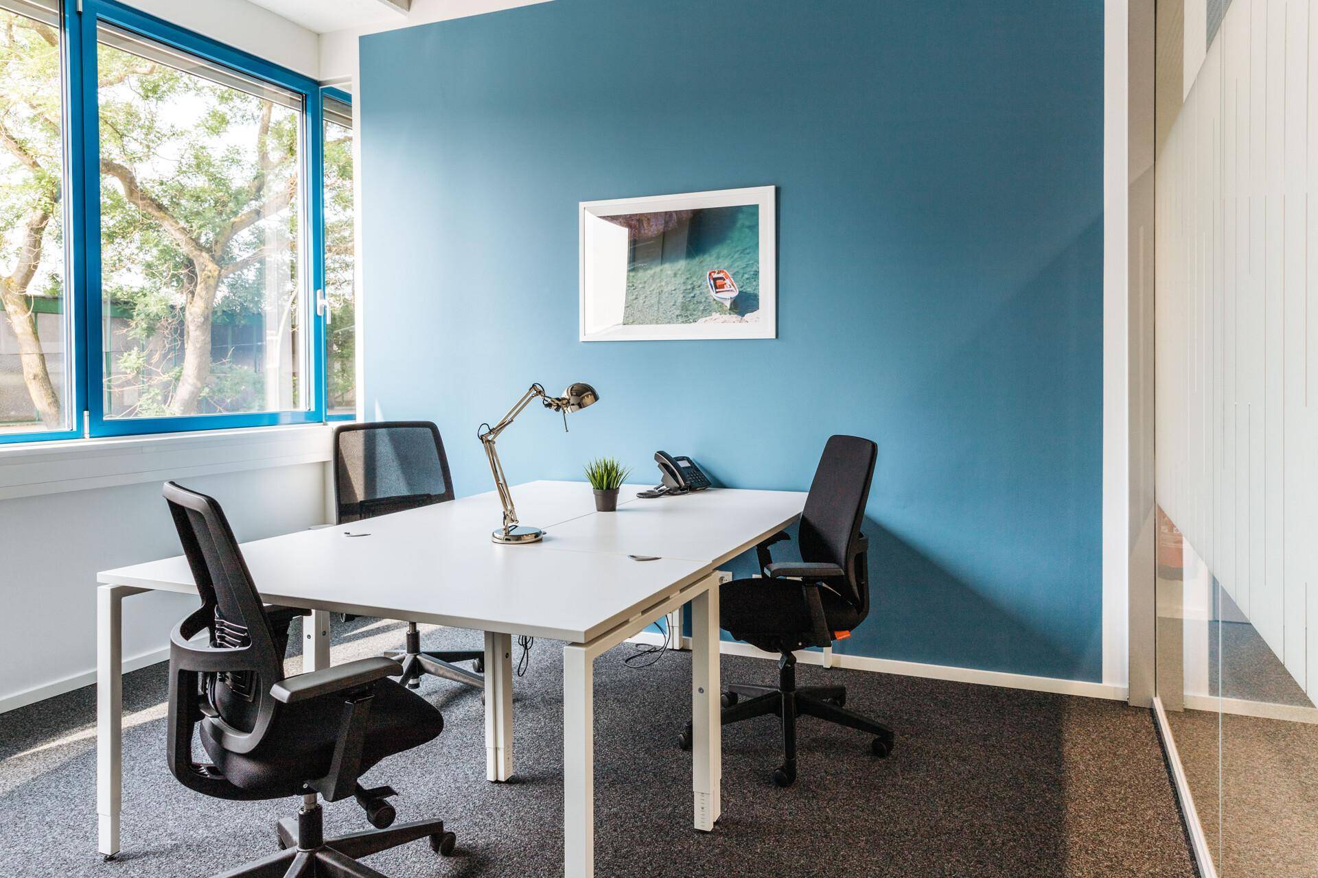 Helles Einzelbüro mit blau gestrichener Wand, Schreibtisch und großem Fenster mit Grünblick für konzentriertes Arbeiten.