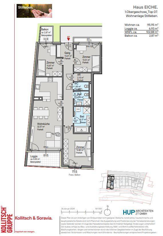 Grundriss der Wohnung Eiche im 1. Obergeschoss mit Balkon und Loggia.