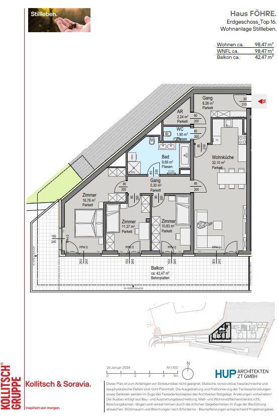 Grundriss der Wohnung Föhre, Top 16, mit drei Zimmern, Wohnküche und großem Balkon.