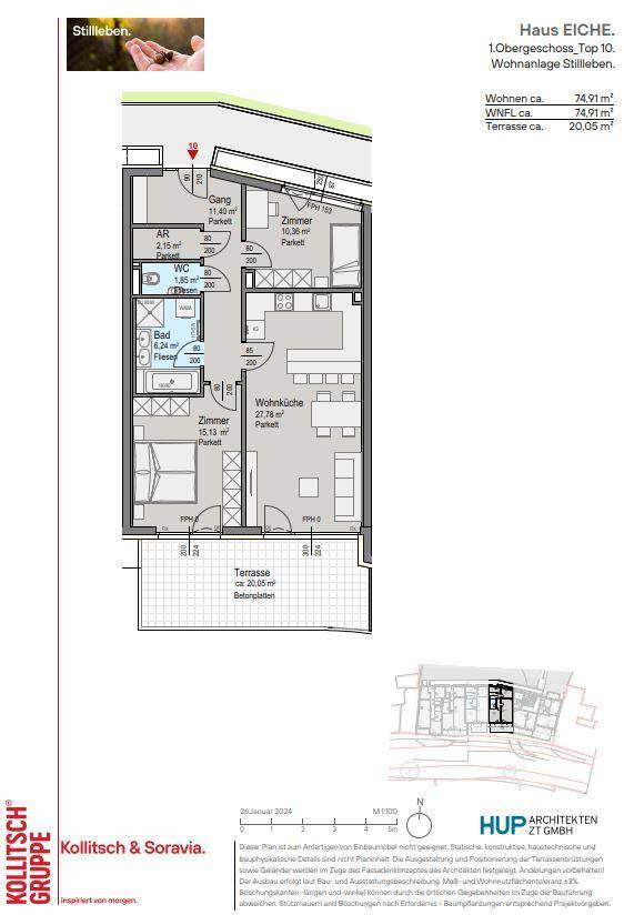 Grundriss der Wohnung Top 10 im ersten Obergeschoss mit drei Zimmern und großer Terrasse.