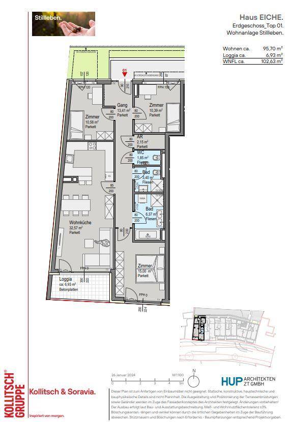 Grundriss einer Wohnung mit offener Wohnküche, Loggia, zwei Bädern und drei Zimmern.
