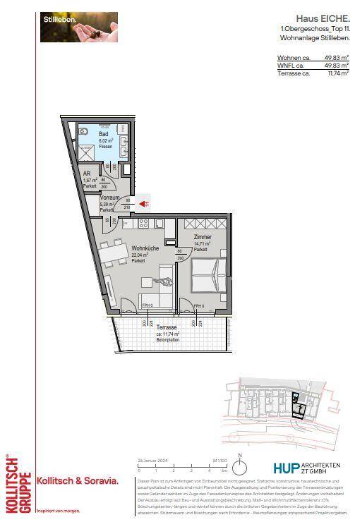 Grundriss der Wohnung Top 11 im ersten Obergeschoss mit Terrasse und offener Wohnküche.